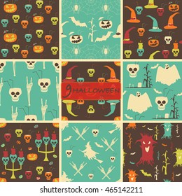 Set of seamless Halloween party patterns. Evil pumpkins, skulls with drinking straws and cocktail umbrellas, flying witches, demonic trees, candelabrums, candles, cemeteries, ghosts, bats, spiders