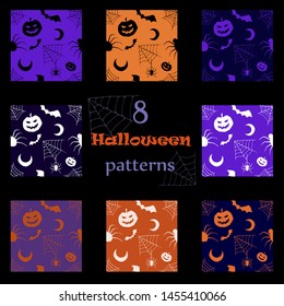 A set of seamless Halloween pattern with pumpkins, bats, cobwebs, spiders and moons in different holiday colors.