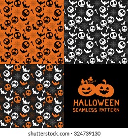 Set of Seamless Halloween Pattern with spider webs, bats, skull, cross. Vector illustration.