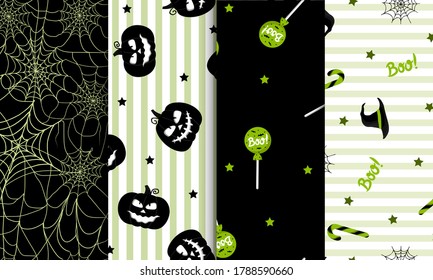 Conjunto de patrones de halloween sin fisuras. Para envolver papel, invitaciones, diseño web. Ilustración vectorial en estilo plano.