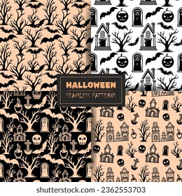 Set of seamless halloween patterns with bat, castle, skull. Vector collection.