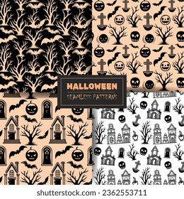 Set of seamless halloween patterns with bat, castle, skull. Vector collection.