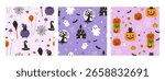 Set of seamless Halloween patterns with black cats, pumpkins, ghosts. Vector graphics.