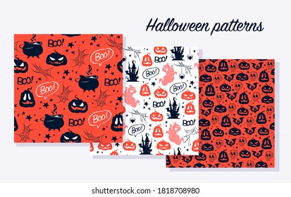 Set of seamless Halloween patterns with castle, pumpkin heads, cauldron, ghost silhouettes, stars, bats and spider web isolated on red and white background. Vector flat illustration.
