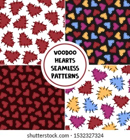 Set of seamless Halloween patterns with colorful voodoo hearts - hearts with stitches, isolated on white, voodoo symbols. Design for greeting card, gift box, wallpaper, fabric, web design.