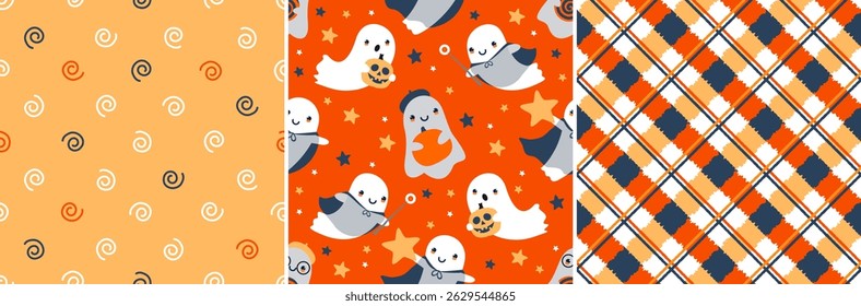 A set of seamless Halloween patterns with cute ghosts, Scottish cage and swirls. Seamless background with laughing flying ghosts. Illustrated vector clipart.