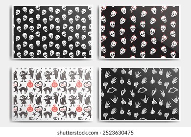 Set of seamless Halloween patterns. Decorative backgrounds for Halloween party, fun skulls and skeletons.