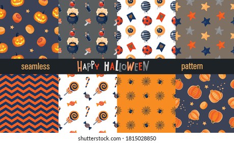 Set of seamless HALLOWEEN patterns: pumpkin, candy, potion, spider, balloons. Vector.