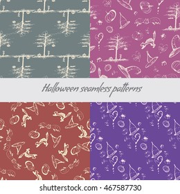Set of seamless Halloween patterns. Pumpkin, hat, bat, spider, cat, broken heart elements. Sketch style, light outlines on dark backgrounds
