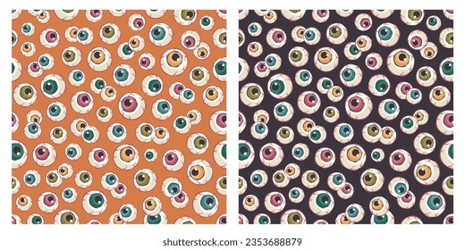 Conjunto de patrones de Halloween sin foco. Impresión de vacaciones repetidas con diferentes ojos espeluznantes. Doodle dibujado a mano elemento tradicional para la fiesta de otoño de los muertos. Fondo impresable. Ilustración del vector