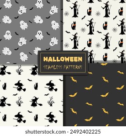 Set of seamless halloween patterns with witch silhouette, bat, ghost, cat. Monochrome halloween backgrounds