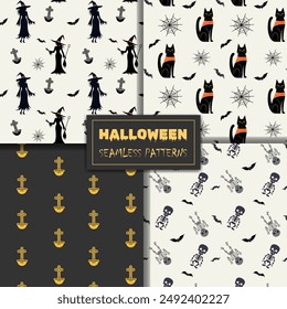 Conjunto de patrones de Halloween sin costuras con bruja, esqueletos, gato. Fondos de halloween monocromos