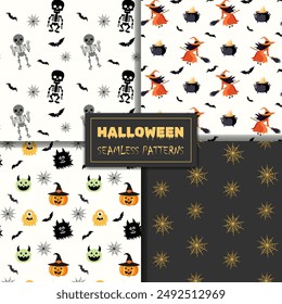 Set of seamless halloween patterns with witch, pumpkin, cauldron, skeletons, monster, cat. Halloween backgrounds