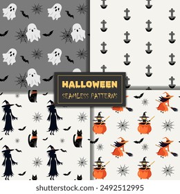 Set of seamless halloween patterns with witch silhouette, cauldron, grave, ghost, cat. Halloween backgrounds