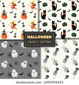 Set of seamless halloween patterns with witch, pumpkin, cauldron, skeletons, ghost, cat. Halloween backgrounds