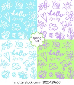 Set of seamless hand draw backgrounds, spring mood. Vector illustration.