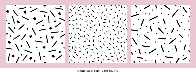 Set of seamless hand drawn black and white patterns with stars, dots, and brush strokes. Abstract minimalistic design for backgrounds, textiles, packaging, modern graphic projects. Vector illustration