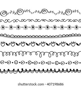 set of  seamless  hand drawn borders. black  repeatable floral lines.vector illustration