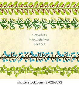 Set of seamless hand drawn floral borders on vintage background. Perfect for greetings, invitations, save the date, wedding card, announcement, web design.