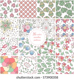 Set of seamless hand drawn flower and leaves patterns. Scrapbook paper collection.  Elegant beautiful nature ornaments for fabric, wrapping and textile. Forest cute prints.