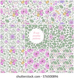 Set of seamless hand drawn flower and leaves patterns. Scrapbook paper collection. Elegant beautiful nature ornament for fabric, wrapping and textile. Flower cute prints.