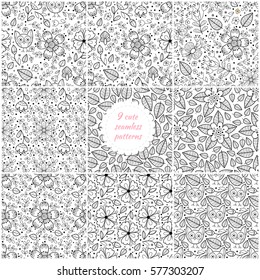 Set of seamless hand drawn flower and leaves patterns. Scrapbook paper collection. Elegant beautiful nature ornament for fabric, wrapping and textile. Flower black and white cute prints.