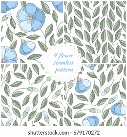 Set of seamless hand drawn flower and leaves patterns. Scrapbook paper collection. Elegant beautiful nature ornament for fabric, wrapping and textile. Flower cute prints.