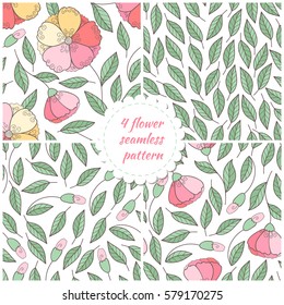 Set of seamless hand drawn flower and leaves patterns. Scrapbook paper collection. Elegant beautiful nature ornament for fabric, wrapping and textile. Flower cute prints.