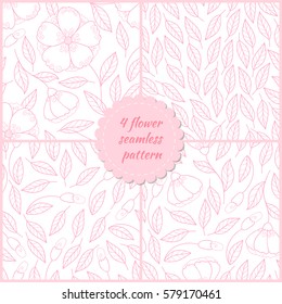 Set of seamless hand drawn flower and leaves patterns. Scrapbook paper collection. Elegant beautiful nature ornament for fabric, wrapping and textile. Flower pink cute prints.