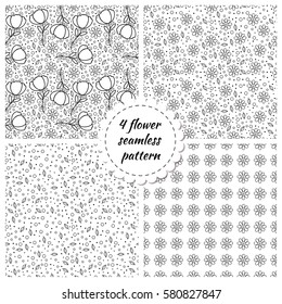Set of seamless hand drawn flower and leaves patterns. Scrapbook paper collection. Elegant beautiful nature ornament for fabric, wrapping and textile. Flower black and white cute prints.