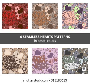 Set of seamless hand drawn hearts patterns in pastel colors for your design in love style