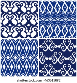 Set of seamless hand drawn ikat patterns. Geometric and bohemian motifs. Ethnic textile collection. Blue, white.