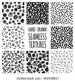 Set of seamless hand drawn irregular uneven black and white textures, vector illustration