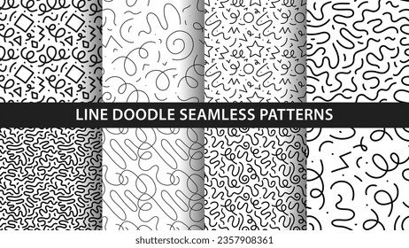 Set of seamless hand drawn linear patterns