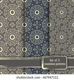 Set of seamless hand drawn mandala patterns. Vintage elements in oriental style, grunge effect. Can be used as fabric, paper and page fill. Islam, arabic, indian, turkish,ottoman, asian motifs.Vector.