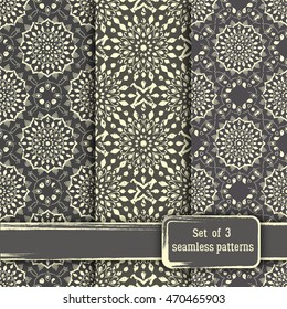 Set of seamless hand drawn mandala patterns. Vintage elements in oriental style, grunge effect. Can be used as fabric, paper and page fill. Islam, arabic, indian, turkish,ottoman, asian motifs.Vector.