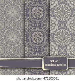 Set of seamless hand drawn mandala patterns. Vintage elements in oriental style, grunge effect. Can be used as fabric, paper and page fill. Islam, arabic, indian, turkish,ottoman, asian motifs.Vector.