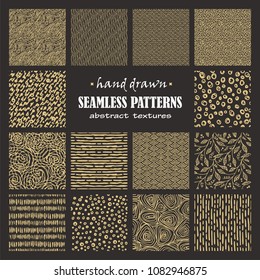 Set of seamless hand drawn marker and ink patterns. Abstract vector scratch textures with dots, strokes and doodles.