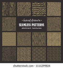 Set of seamless hand drawn marker and ink patterns. Abstract vector scratch textures with dots, strokes and doodles.
