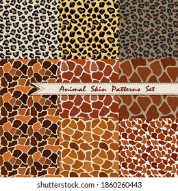 Set of seamless Hand Drawn pattern of animal skin texture - Giraffe, Leopard. Abstract Wild Animal Skin Print, vector stock illustration. Printable Background. 
