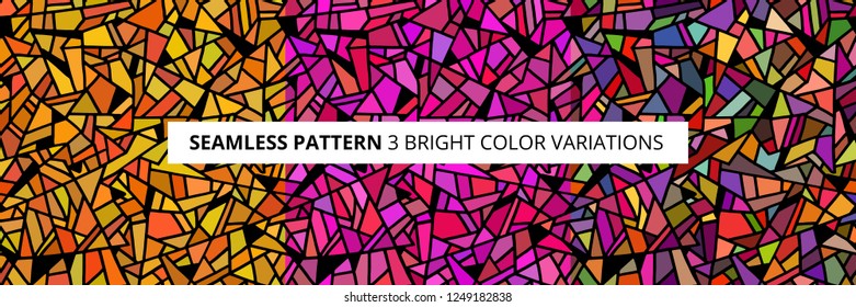 Set of seamless hand drawn patterns in three colour variations. Doodle style vector illustration. Background for expressive, emotional design.