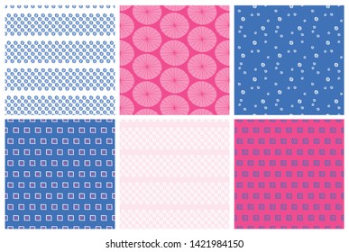 Set of seamless hand drawn patterns in pink and blue colours. Vector Japanese traditional surface design. Florals and abstract illustrations. For fabric prints, textile, wrapping paper.