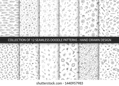 Set of seamless hand drawn patterns in doodle style. Creative repeatable drawing contour backgrounds.