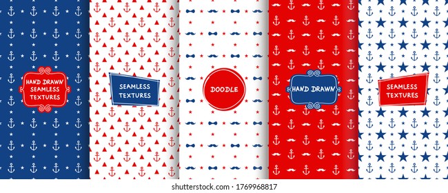 Set of seamless hand drawn patterns with stars, mustache and anchors for background, business cards, web design. Abstract patterns with trendy modern labels on blue, red or white background. Vector 