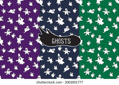 Set of seamless hand drawn patterns with ghosts for decorative paper, gift cards, textile, notebooks and other painted materials. 