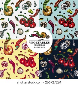 Set of seamless hand drawn patterns. Decorative vegetables background.