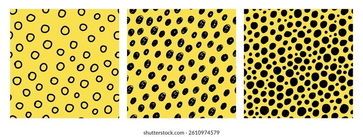 Set of seamless hand drawn polka dot patterns on a yellow background. Playful doodle style, ideal for kids design, textiles, wrapping paper, and cheerful modern backgrounds