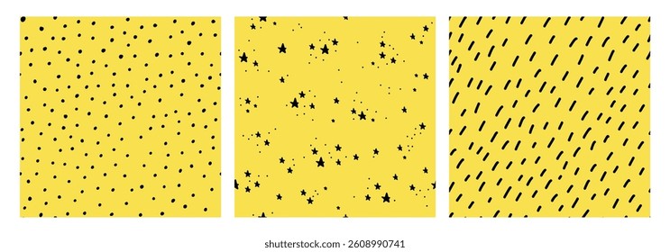 Set of seamless hand drawn small patterns on a yellow background, featuring dashes, dots, and stars. Perfect for fabric, gift wrap, wallpaper, scrapbooking, and creative projects