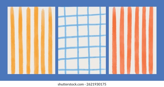 
Set of seamless hand drawn summer patterns with abstract stripes and lines in pastel tones. Watercolor textures in modern doodle style. Vector backgrounds for wrapping, branding, textile, banner.