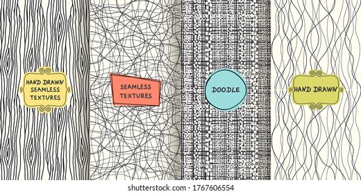 Conjunto de diseños de textura dibujados a mano para fondos, tarjetas de visita, diseño web. Patrón de doodle con etiquetas modernas y coloridas. ilustración vectorial
